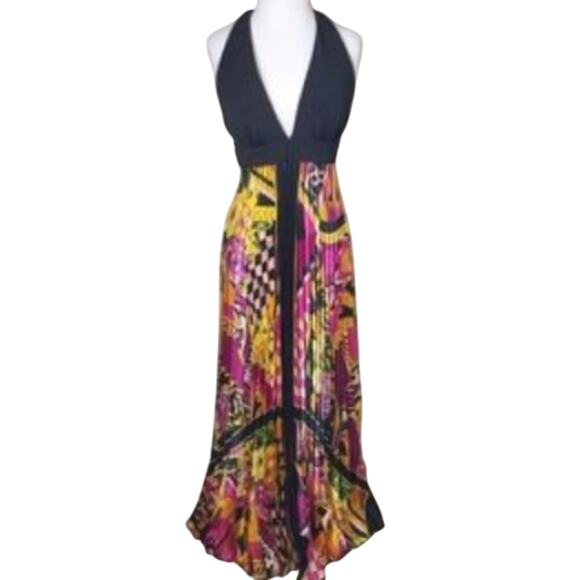 Cache Vintage Y2K Halter Maxi Dress Womens 2 Silk Pleated Mixed Print Rivera - Picture 1 of 13